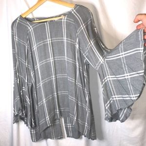 Lauren Conrad Gray Plaid Blouse w/ Bell Sleeves